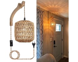 Wandlamp hout binnen, Vintage wandlamp met gevlochten rotan schaduw, E27 Retro wandverlichting met schakelaar en stekker, Landhuis, Rustiek, Voor slaapkamer, Woonkamer (Zonder gloeilamp)