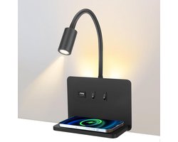 Wandlamp met Leeslamp en Draadloze Oplader voor in de Slaapkamer - Zwart/Wit