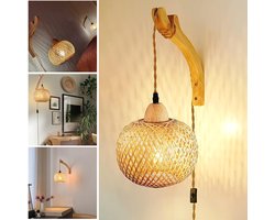 Wandlamp Met Stekker - Wandlamp Van Riet In Boerderijstijl - Handgeweven Rotan Wandlamp - Wandverlichting Voor Woonkamer En Slaapkamer