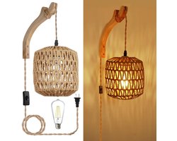 Wandlamp met touw gevlochten - Rotan - Wandlamp binnen - Snoer met stekker en schakelaar - E27 fitting