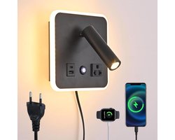Wandlamp met USB - Leeslamp - Bediening aan bed - Instelbare spot - 3000K - Zwart