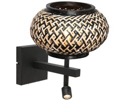 Wandlamp Nox Light 4456ZW met bamboe kap en flexibel leeslicht, zwart metaal, Ø 23 cm, Steinhauer