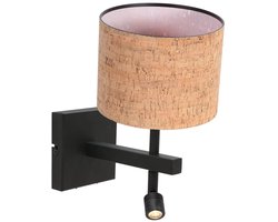 Wandlamp Stang 4350ZW met beige kurken kap en zwart metalen armatuur, eigentijds design voor binnen, inclusief draaibaar en kantelbaar leeslampje, merk Steinhauer