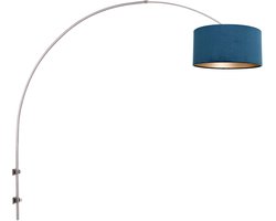 Wandlamp Steinhauer Gramineus modern klassiek met metaal en textiel, hoogte 145 cm, staal met blauw velours ton kap, draaibaar, kantelbaar en uitschuifbaar