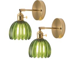 Wandlamp vintage stijl met schakelaar - Goudkleurig met groen glas voor badkamer en woonkamer - 2 stuks