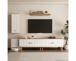 Wandmeubel, 3-delig, bestaande uit: hoog dressoir, kasten, wandplank. Witte en houten, gebeeldhouwde deurpanelen