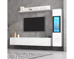 Wandmeubel-set - 3-delig - LED en Hoogglans - Met Vitrine en Wandplank - Hout - Wit