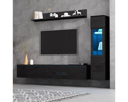 Wandmeubel-set - 3-delig - LED en Hoogglans - Met Vitrine en Wandplank - Hout - Zwart