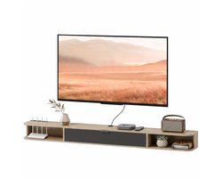 Wandmeubel voor tv - geschikt voor tv's tot 75 inch - met een uitklapbare lade en twee planken - 180x24x16 cm - naturel hout