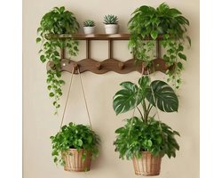 Wandmontage Kapstok met Dubbele Plank & 6 Haken – Walnoot – 52×16×10 cm – Stevige Entree Organizer, Ruimtebesparende Opbergplank (Geen Montage Nodig)