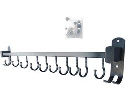 Wandmontage Keukengerei Rack 236 inch Heavy Duty Kookgerei Ophangrek - Ruimte Aluminium Keukenapparatuur Houder met 10 Verwijderbare Haken voor Messen, Pannen, Potdeksels, Schop - Zwart