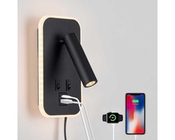 Wandmontage Leeslamp - USB C+A Poorten - Verstelbaar - 10W+3W - 3000K Warm Licht - Plug-in of Vastbedraad - Geschikt voor Slaapkamer - Zwart