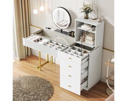 Wandmontage make-up tafel - met 3 laden - glazen plank - tabletsteun en bekerhouder - wit 120×40×45 cm - zonder LED-spiegel