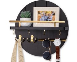 Wandmontage Sleutelhouder met Plank en 6 Haken - Rustieke Sleutel- en Postorganizer voor Entree, Hal, Keuken (Zwart en Goud)