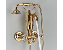 Wandmontage van badkuipkraan in laiton Kit voor het vullen van bad met handgrepen met dubbele hefboom en telefoondouche Set van douche in laiton Misterkraan badkamer, Goud