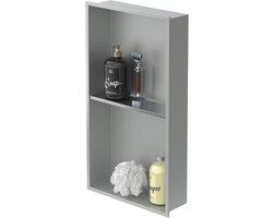 Wandnis Dubbel Roestvrij Staal, 30x60x10cm, Zilver, Douche Nis met Frame, Ingebouwd Planchet, Flexibele Installatie, Betegelbare Nis voor Badkamerbenodigdheden, Doucheplank, Dubbele Planchet