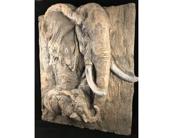 Wandornament woodlook met 3 D afbeelding van 2 olifanten, polystone-wood..