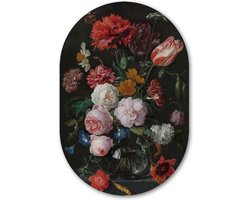 Wandovaal muursticker Stilleven met bloemen in een glazen vaas - WallCatcher | Behangsticker 100x150 cm | Ovalen schilderij | Muurovaal Meesterwerk Jan Davidsz. de Heem