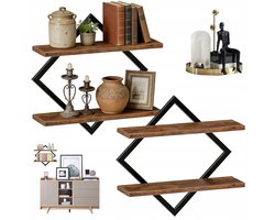 Wandplank - 2 Industriële Ruitvormige Planken - Hout & Metaal - 38x14x38cm - Tot 10kg Draagkracht - Voor Woonkamer, Slaapkamer & Keuken - Retro Stijl