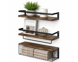 Wandplank 3-delige Set - Badkamer en Woonkamer Organizer - Paulownia Hout + Metaal Wandrek - Keuken en Slaapkamer Muurplank met Gaas
