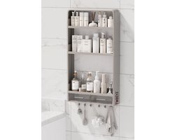 Wandplank Badkamer en Keuken - 3-Lags Wandrek - met 2 Lades & 6 Haken - Boorvrije Opbergplank - 71x40x10cm - Bad-en Keukenorganizer – Grijs