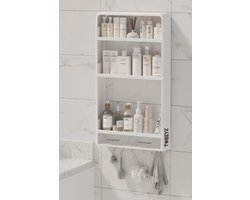 Wandplank Badkamer en Keuken - 3-Lags Wandrek - met 2 Lades & 6 Haken - Boorvrije Opbergplank - 71x40x10cm - Bad-en Keukenorganizer - Wit