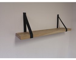 Wandplank eiken met zwarte leren riemen 110x19x3cm (incl. schroeven en pluggen)
