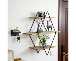 Wandplank - Geometrisch Wandrek 3-Laags - 19×50cm - IJzer & Hout Combinatie Duurzaam - Stabiel & Corrosiebestendig - Eenvoudige Montage Compleet - Voor Woonkamer, Slaapkamer & Kantoor