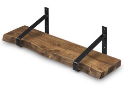 Wandplank Hout 180x20 cm incl. Zwarte Stalen Plankdragers - Boomstam Muurplank – Boekenplank