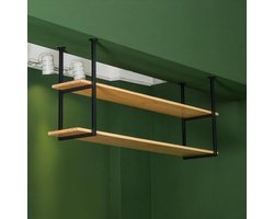 Wandplank Houten Platen - Hangend Rek - Keuken Bar Decoratie - Dubbellaags Smeedijzer - 60x30x80cm - Zwart