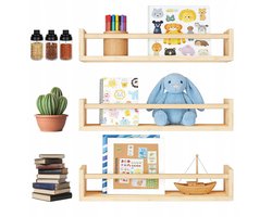 Wandplank - Houten Zwevende Plank - 3-delig Set & Natuurlijk Hout - 42x10x9cm - Eenvoudig te Installeren - Voor Woonkamer, Slaapkamer & Keuken