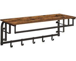 Wandplank met 5 Haken en Stang – Rustiek Houten Design met Metaal – Praktische Oplossing voor Hal, Gang, Kantoor of Badkamer – Stabiele Plank voor Jassen, Mantels, Sleutels en Meer, 80 x 30 x 27 cm