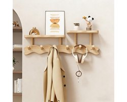 Wandplank met haken, Heavy-Duty Opslagplank Organizer, Brede entree plank voor sleutels, jassen, tassen, milieuvriendelijk hout, boor of lijm Mount, donkere walnoot, licht (licht hout, 6 haak)