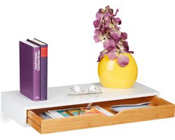 wandplank met lade - zwevend - bamboe - 8 x 60 x 24 cm - wit-natuur