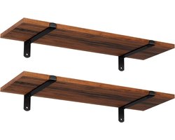 Wandplank, set van 2, 60 x 20 x 7 cm, zwevende plank, decoratieve planken, vintage, houtlook, voor slaapkamer, woonkamer, keuken, hal, elke plank belastbaar tot 15 kg, MDF bruin-zwart LWS04NB