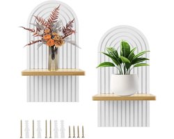 Wandplank Set van 2 - Houten Wandkandelaar & Altaar Plankje - Boog Design Zwevende Muurplank voor Kaarsen en Planten - Boho Muurdecoratie Woonkamer & Slaapkamer - Wit/Hout