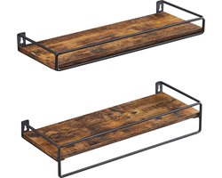 Wandplank, set van 2, zwevende plank met stang, wandplank, opbergen, aan de muur, voor keuken, slaapkamer, woonkamer, vintage bruin-zwart LWS441B01