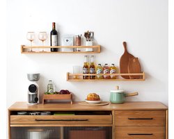 Wandplank - set van 2 - zwevende planken met hoogglans afwerking - wandplank voor fotolijstjes en boeken - woonkamer - slaapkamer - badkamer - keuken - 57 x 10 x 9 cm - berkenpatroon