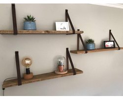 Wandplank Steigerhout met Bruine Leren Riemen