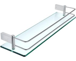 Wandplank van Gehard Glas - 50 cm Glazen Badkamerplank - Draagkrachtige Zwevende Plank met RVS Reling - 8 mm Dik Glas - Geborstelde Afwerking