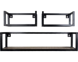 Wandplank Vintage - Set van 3 Klein - Industriële Wandplank van Mangohout met Stalen Frame