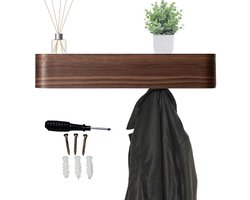 Wandplank - Wandgemonteerde Kapstok - Modern Design met Verborgen Haken - Fineerhouten Paneel - 52,7x7,2x10,1 cm - Donkerbruin
