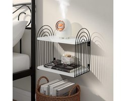 Wandplank, wit, hout, zwart, metaal, nachtkastje, 2 niveaus, zwevende plank, muur, modern, slaapkamer, badkamer, woonkamer, keuken