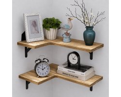 Wandplank Zwevend Set 2 Stuks 39.8 x 30 x 1.5CM - L Shape Hoekplanken - Draagkracht 10 kg per Plank - Houten Muurplanken - Wandrek Boekenplank Decoratie Opbergrek – Voor Woonkamer Slaapkamer Keuken Badkamer & Hal