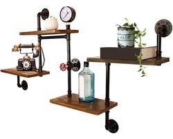 Wandplanken 4 etages decoratief industrieel massief houten rek voor slaapkamer-badkamer-woonkamer-keuken-kantoor atmosfeer. Wandplanken & -rekken