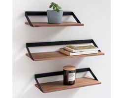 Wandplanken -Finn- | Set van 3 Zwevende Planken Gemaakt van Metaal en Echt Houtfineer | Wanddecoratie, Opslag en Plank voor Woonkamer, Keuken, Slaapkamer | Walnoot