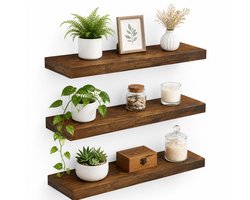 Wandplanken Hout 3-Delige Set - Wand Rek Planken - Muur Opbergplank - Lichtbruin Houten Wanddecoratie Planken 41×17×2.8 cm