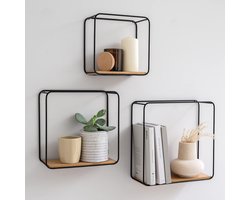 Wandplanken -Jona- | 3-Delige Plankenunit Gemaakt van Metaal en Echt Houtfineer | Wanddecoratie, Opslag en Boekenplank voor Badkamer, Woonkamer, Keuken, Slaapkamer en Meer | Eiken