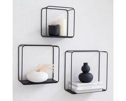 Wandplanken -Jona- | 3-Delige Plankenunit Gemaakt van Metaal en Echt Houtfineer | Wanddecoratie, Opslag en Boekenplank voor Badkamer, Woonkamer, Keuken, Slaapkamer en Meer | Eiken, zwart