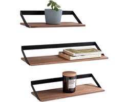 Wandplanken - | Set van 3 Zwevende Planken Gemaakt van Metaal en Echt Houtfineer | Wanddecoratie, Opslag en Plank voor Woonkamer, Keuken, Slaapkamer | Walnoot